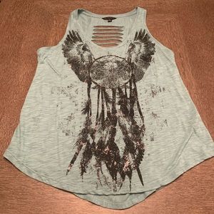 Rock & Republic Aqua Blue Dreamcatcher Graphic Tank Top XL Ladder Back Cutout